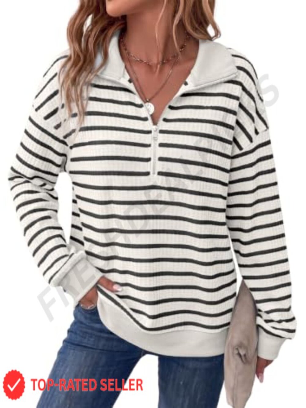 Dokotoo Women's Half Zip Waffle Knit Striped Sweatshirt Loose Fit Long Sleeve